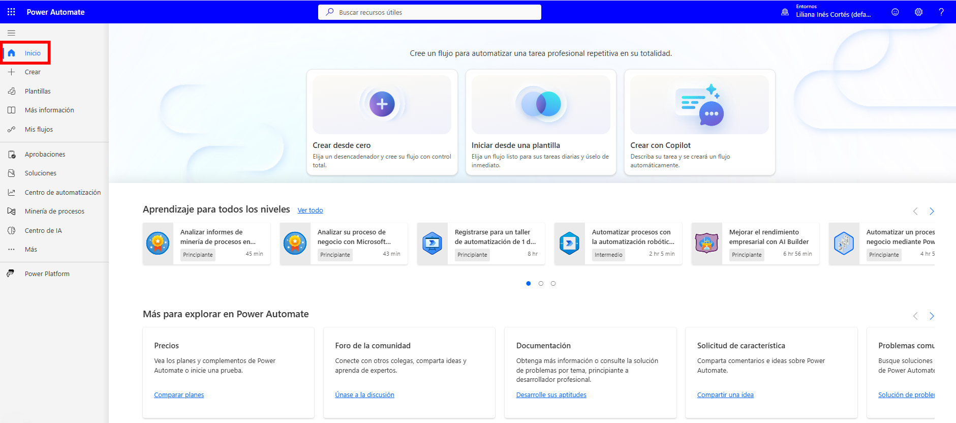 La pantalla de Inicio de Power Automate