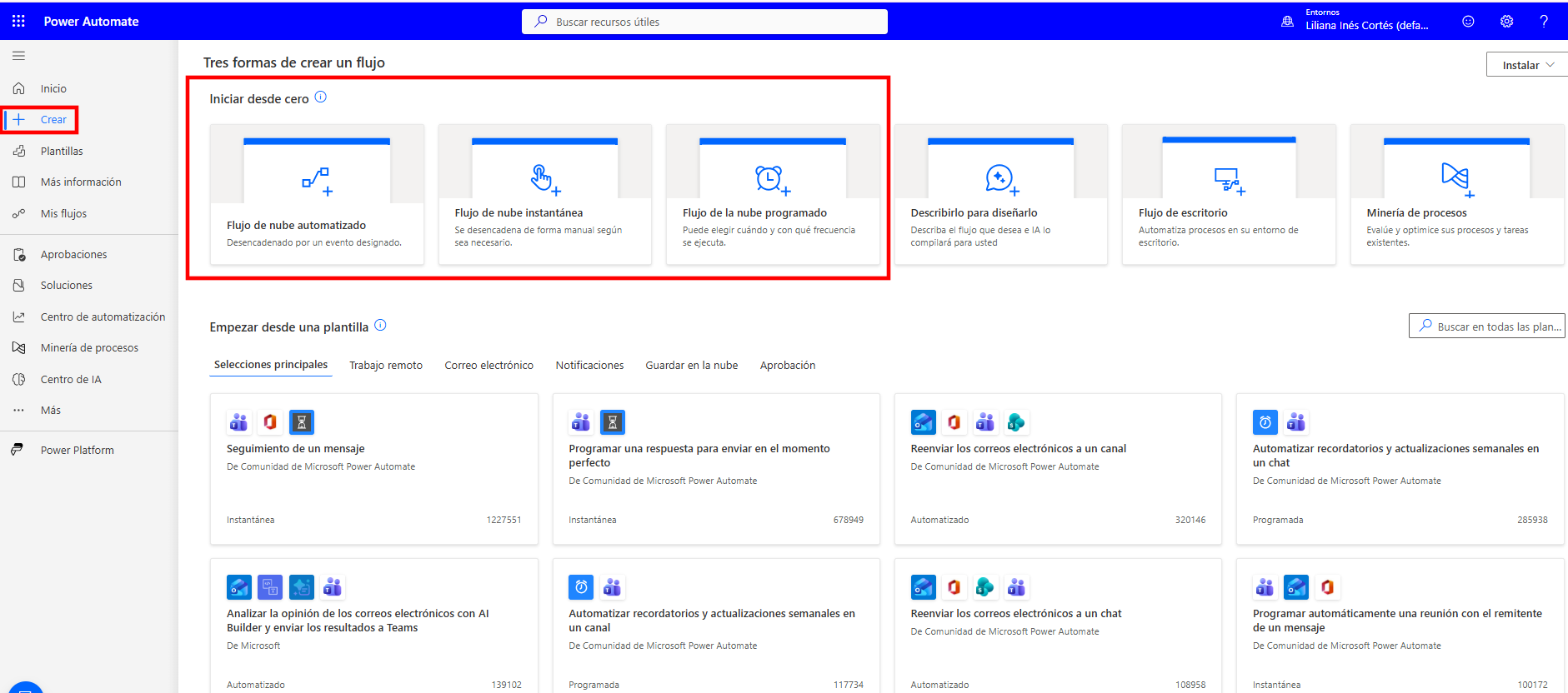 La pantalla Crear de Power Automate