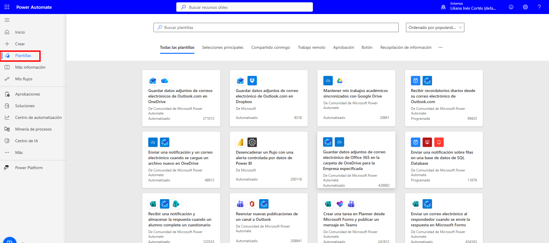 La pantalla Plantillas de Power Automate