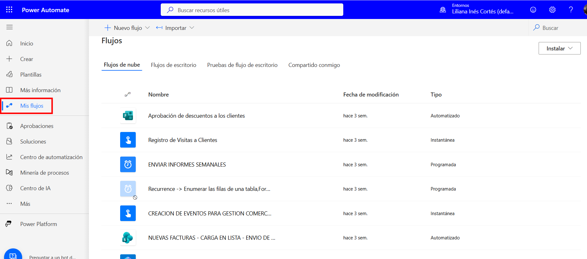 La pantalla Mis Flujos de Power Automate