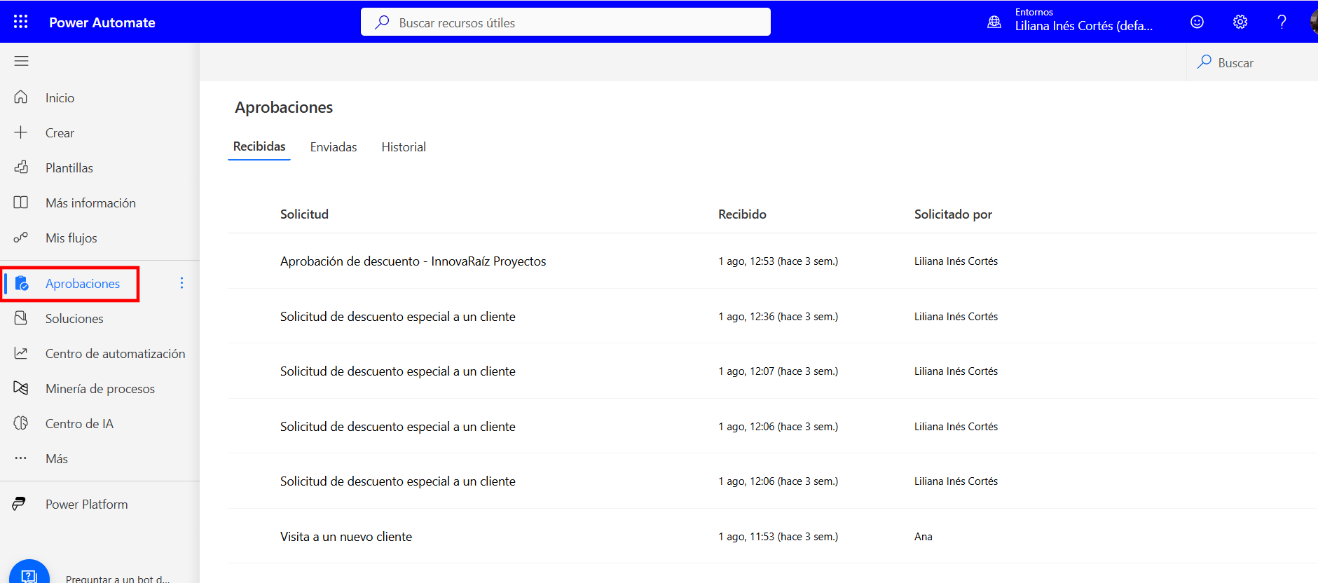 La pantalla Aprobaciones de Power Automate