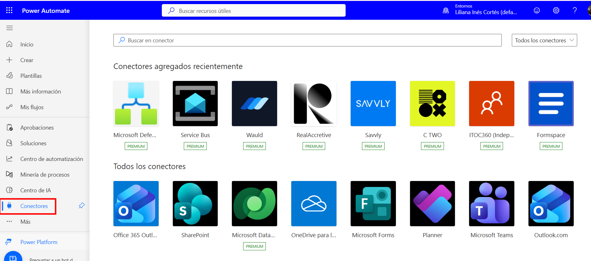 La pantalla Conectores de Power Automate