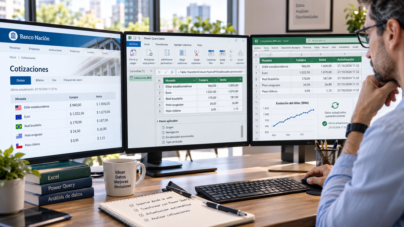 Cotizaciones del Banco Nación importadas desde la web y transformadas con Power Query para utilizarlas y actualizarlas en Excel.