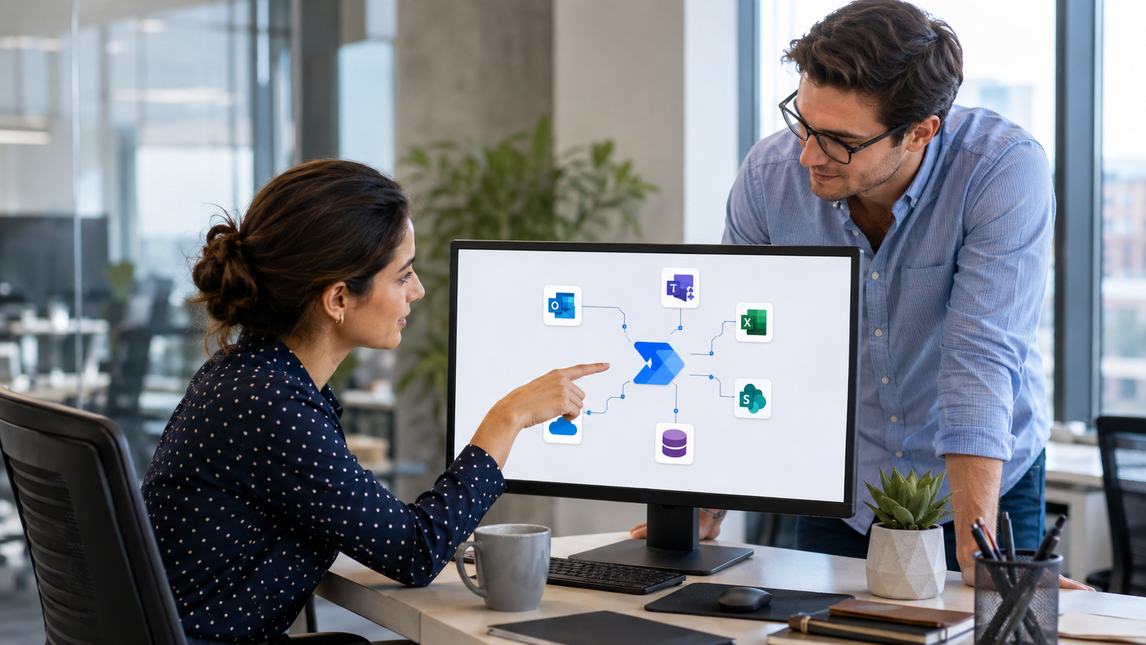 Personas trabajando con Power Automate en una oficina luminosa, frente a una pantalla que muestra un flujo conectado con aplicaciones como Outlook, SharePoint, Excel y Microsoft Forms.