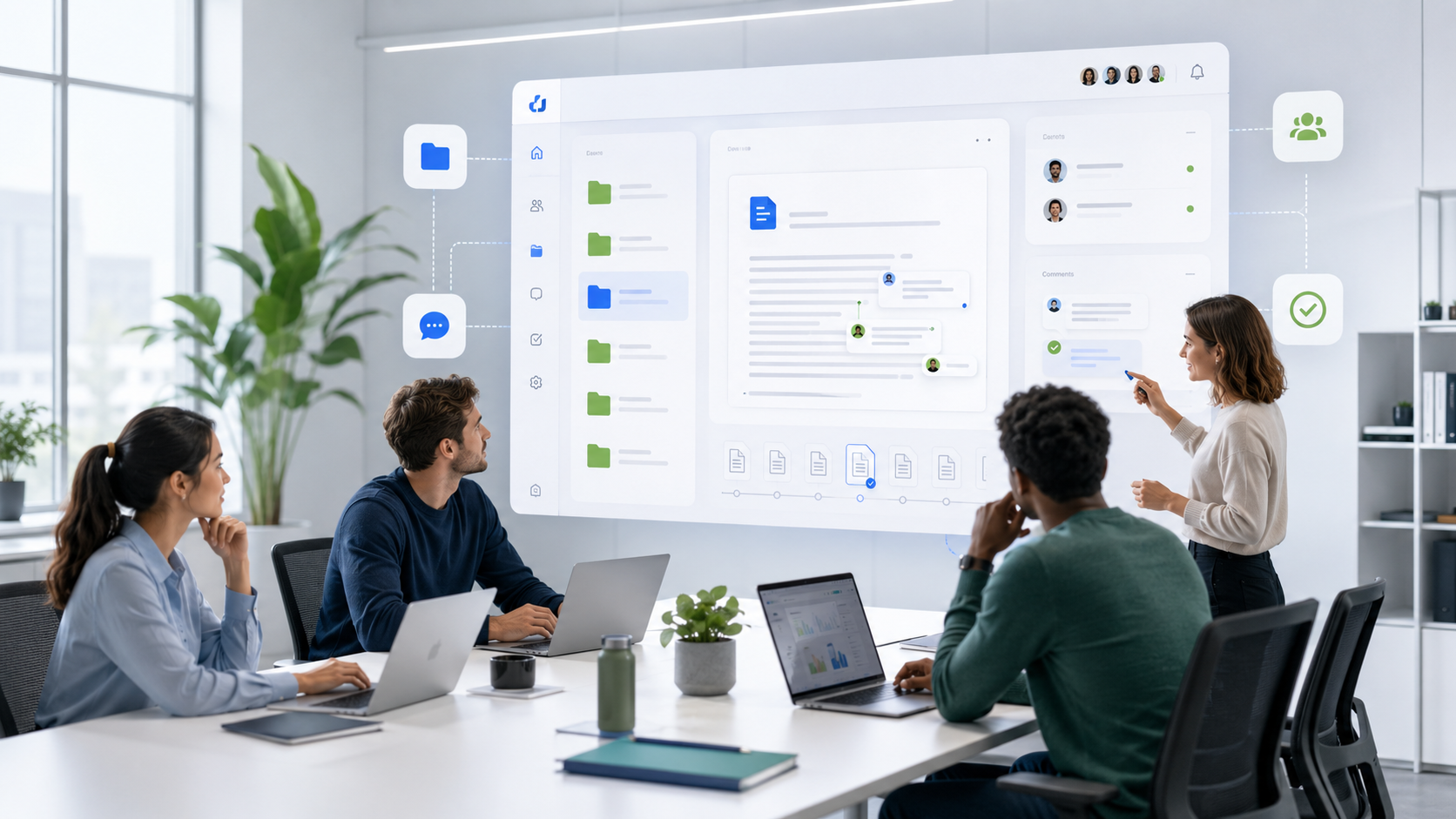 Equipo de trabajo colaborando con computadoras y tablets frente a un espacio digital compartido con documentos, carpetas, comentarios, control de versiones y tareas.